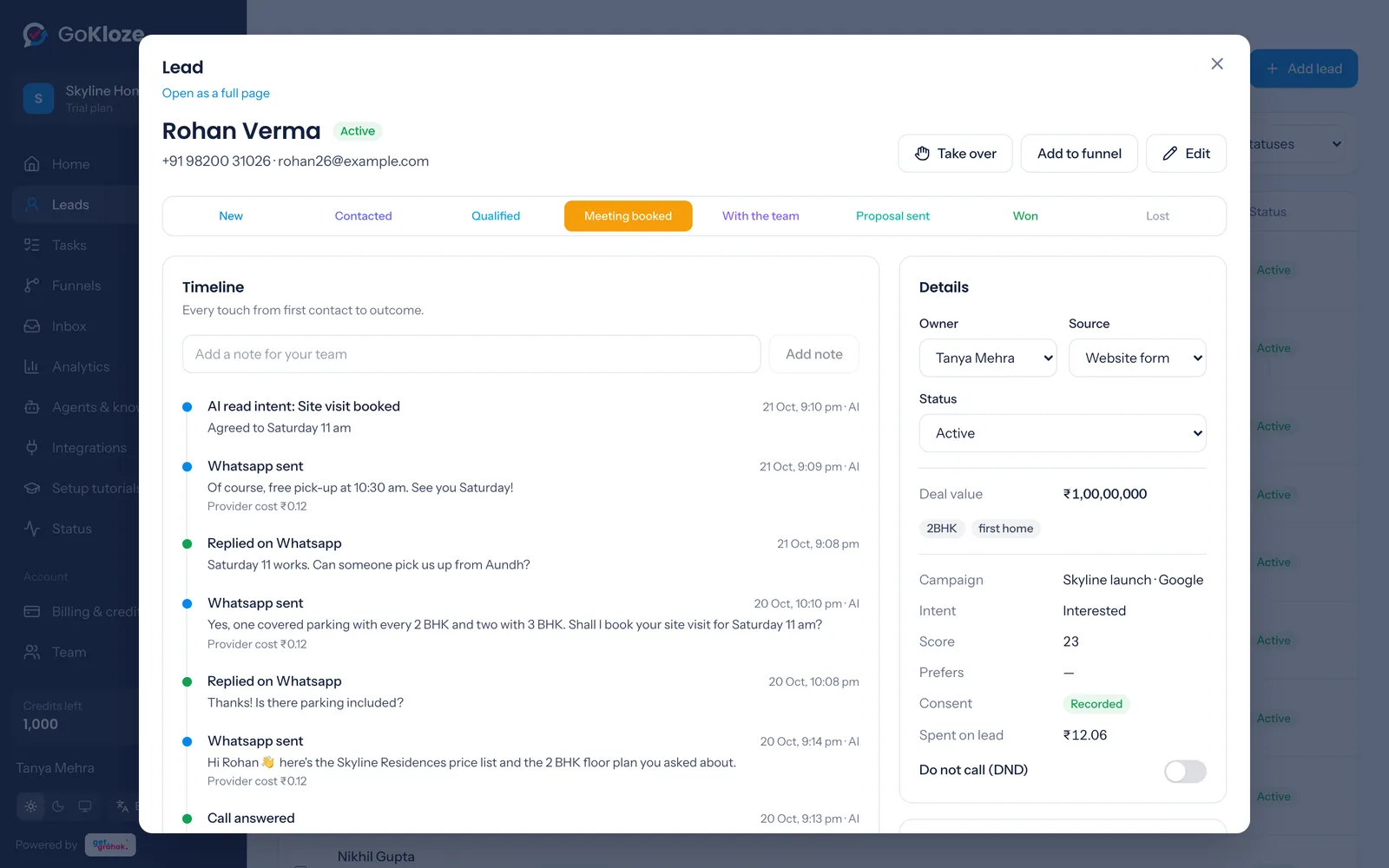 A lead opened in a modal: stage bar, timeline of calls and WhatsApp messages, and details